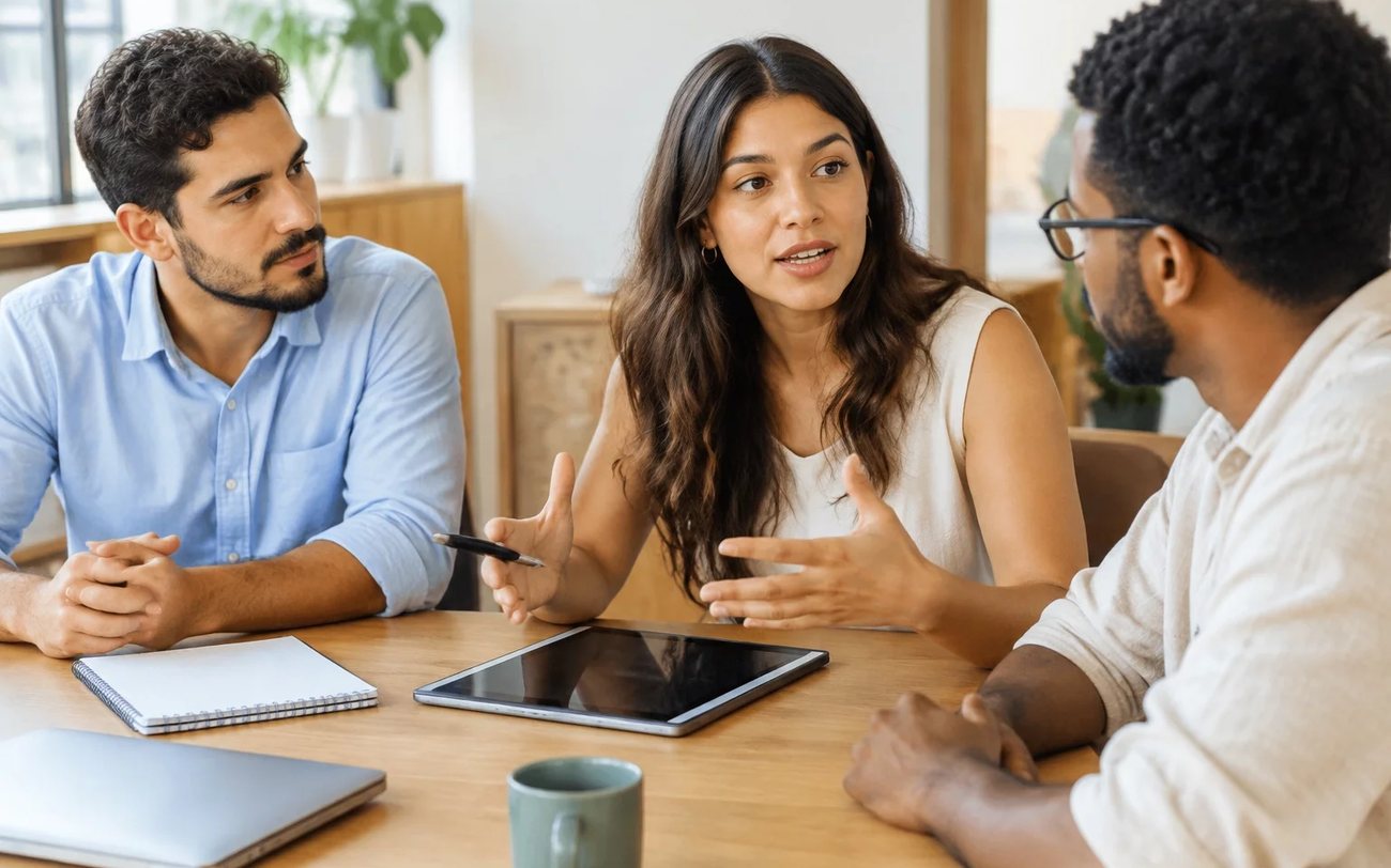 Roda de conversa numa sala clara, com uma pessoa expondo o ponto e duas escutando