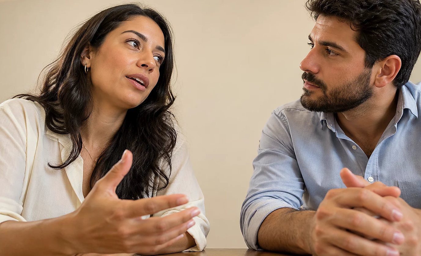 Três participantes conversam ao redor de uma mesa comprida numa sala clara de janelas altas