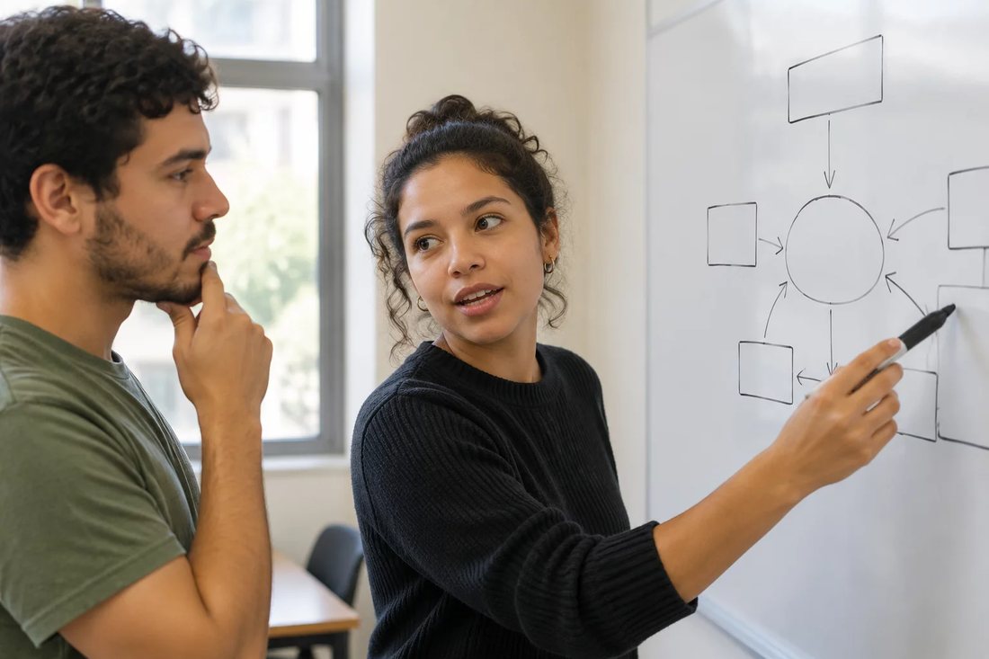 Facilitadora aponta para um mapa de argumento desenhado no quadro branco enquanto um participante acompanha